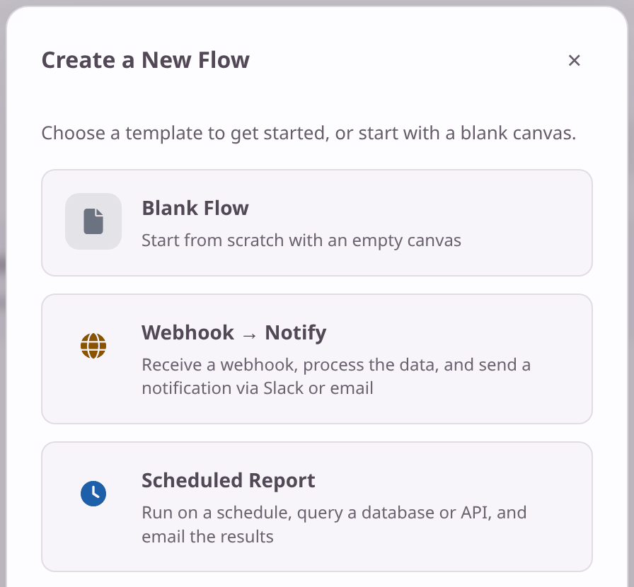 The Create a New Flow window, with Blank Flow at the top of a list of templates.