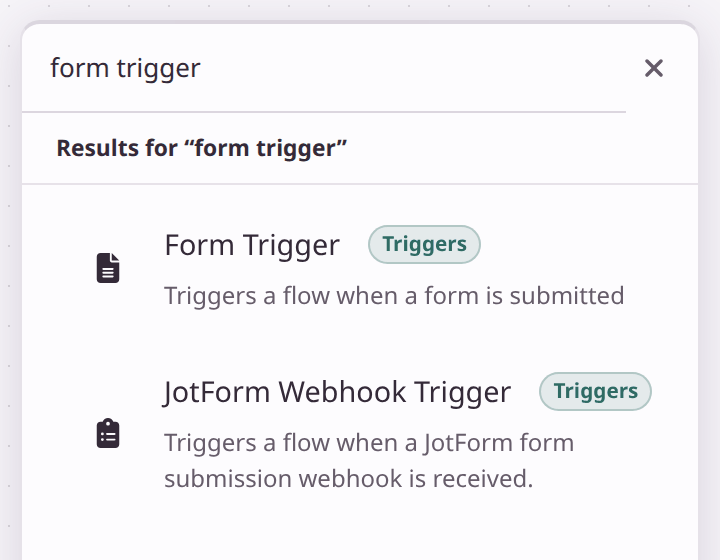 The Add Node search with 'form trigger' typed in and Form Trigger as the first result.