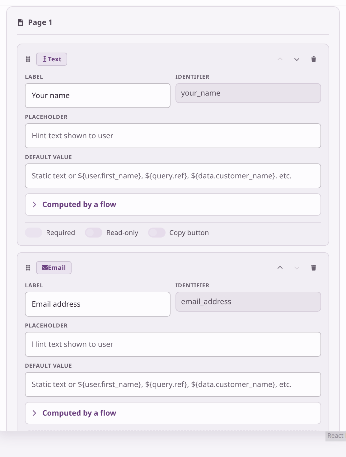 The form builder showing a Text field labelled Your name with the identifier your_name, and an Email field labelled Email address with the identifier email_address.