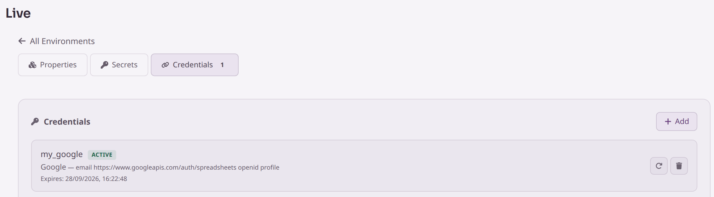 The Live environment's Credentials tab, showing my_google marked Active.