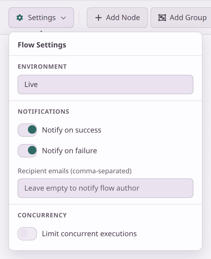 The Flow Settings panel with the Environment set to Live.