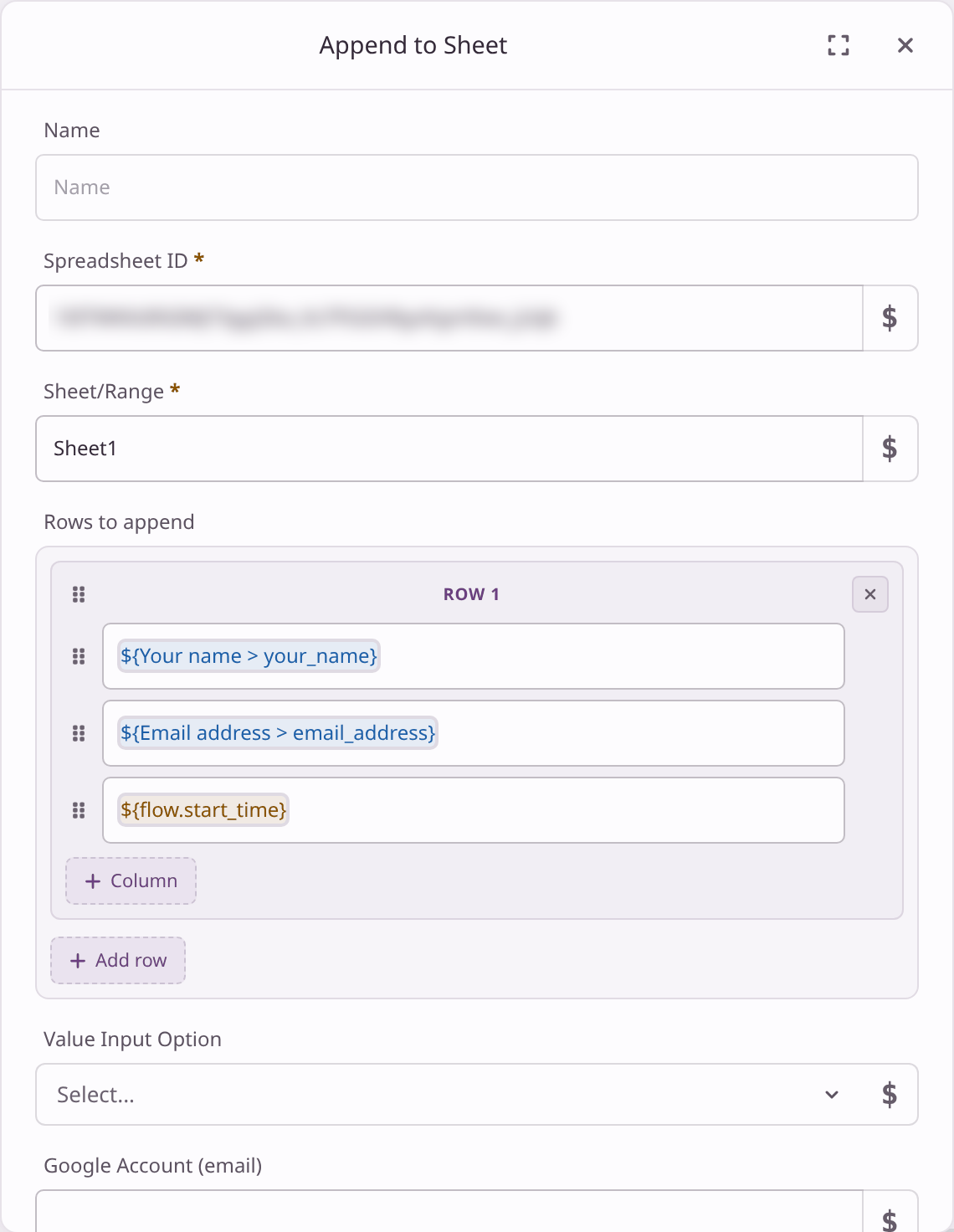 Append to Sheet settings: the Spreadsheet ID, Sheet1 as the range, and one row with three cells for your_name, email_address and flow.start_time.