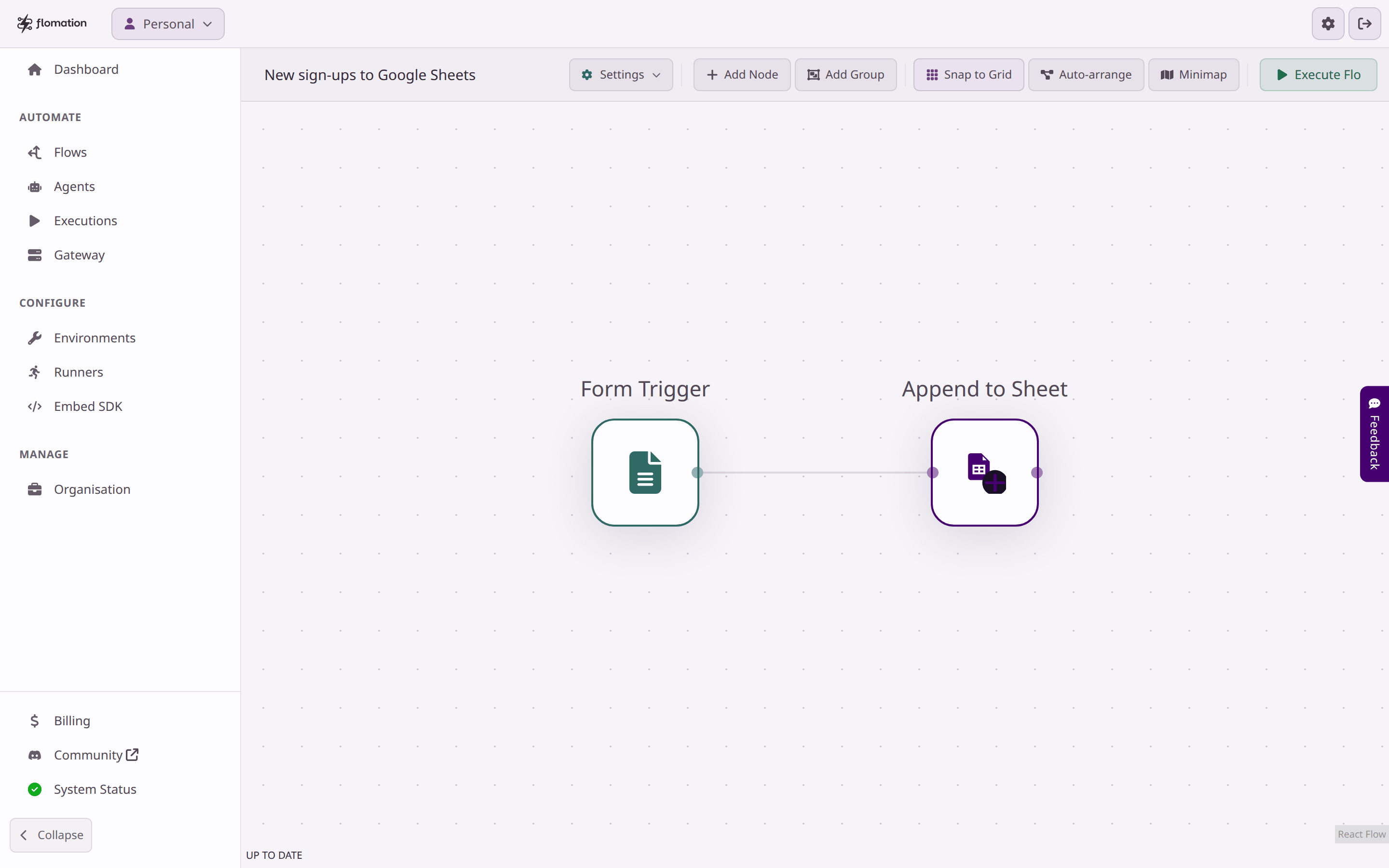 The finished flow in the editor: Form Trigger connected to Append to Sheet.