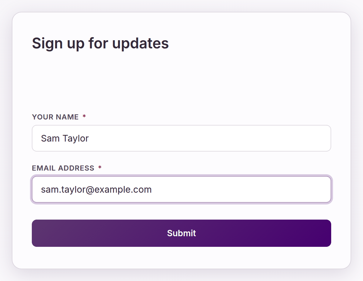 The Sign up for updates form, filled in with the name Sam Taylor and the email sam.taylor@example.com.