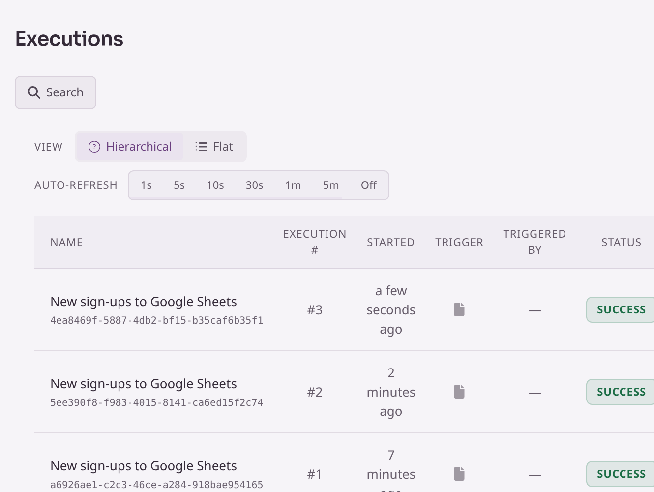 The Executions list showing three runs of New sign-ups to Google Sheets, each marked Success.