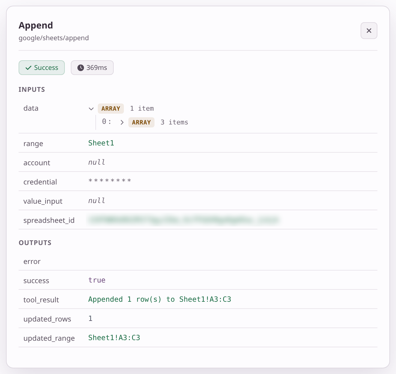 The details of the Append to Sheet step: Success, the inputs it received, and the output Appended 1 row(s) to Sheet1.