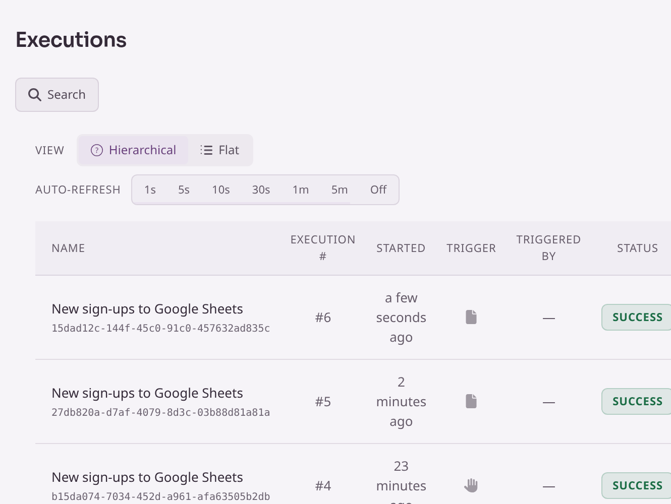 The Executions page listing several runs of New sign-ups to Google Sheets, newest first, each with its number, start time, status and duration.
