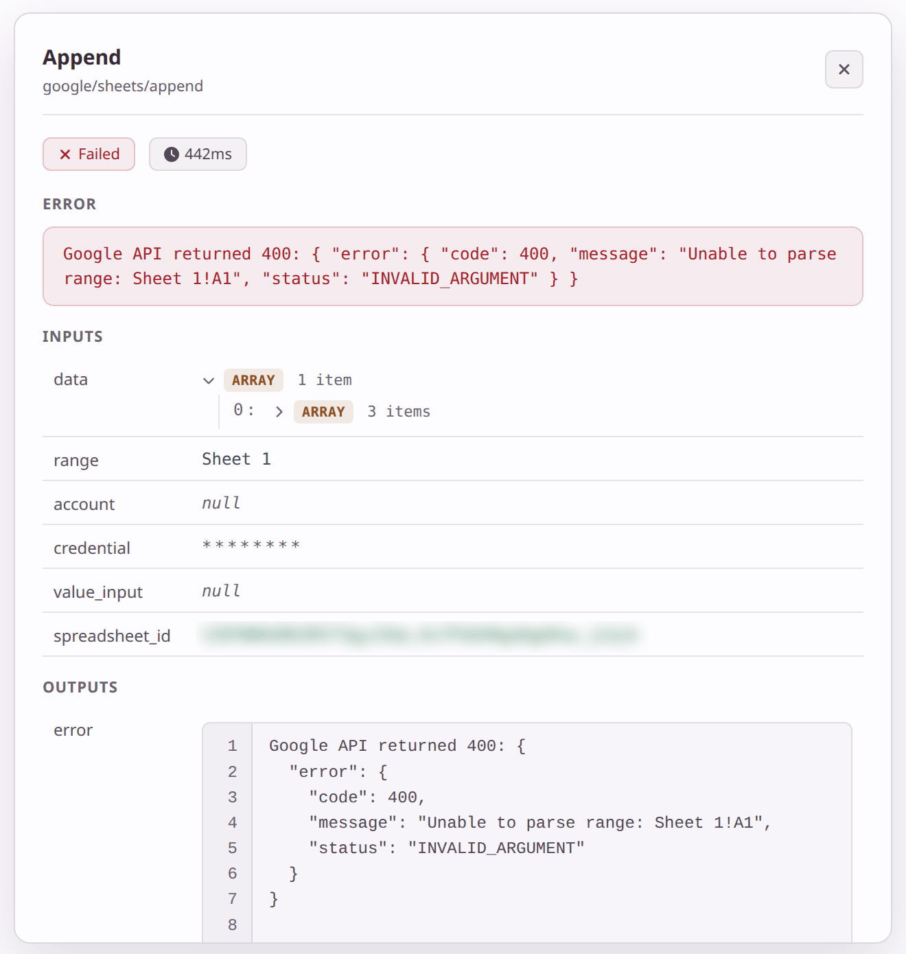 The failed step's details: a Failed label, and an error saying Google API returned 400, Unable to parse range: Sheet 1!A1. Below it, the inputs show range set to Sheet 1.