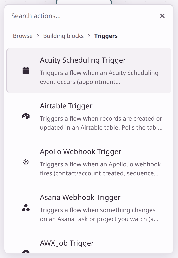 The Add Node menu open at Building blocks, Triggers, listing app triggers such as Acuity Scheduling, Airtable, Apollo and Asana.