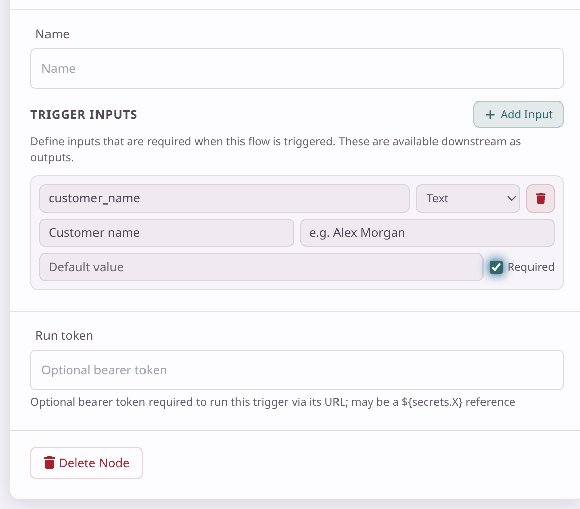 The Manual Trigger's Trigger Inputs with one input: name customer_name, type Text, label Customer name, placeholder e.g. Alex Morgan, and Required ticked.
