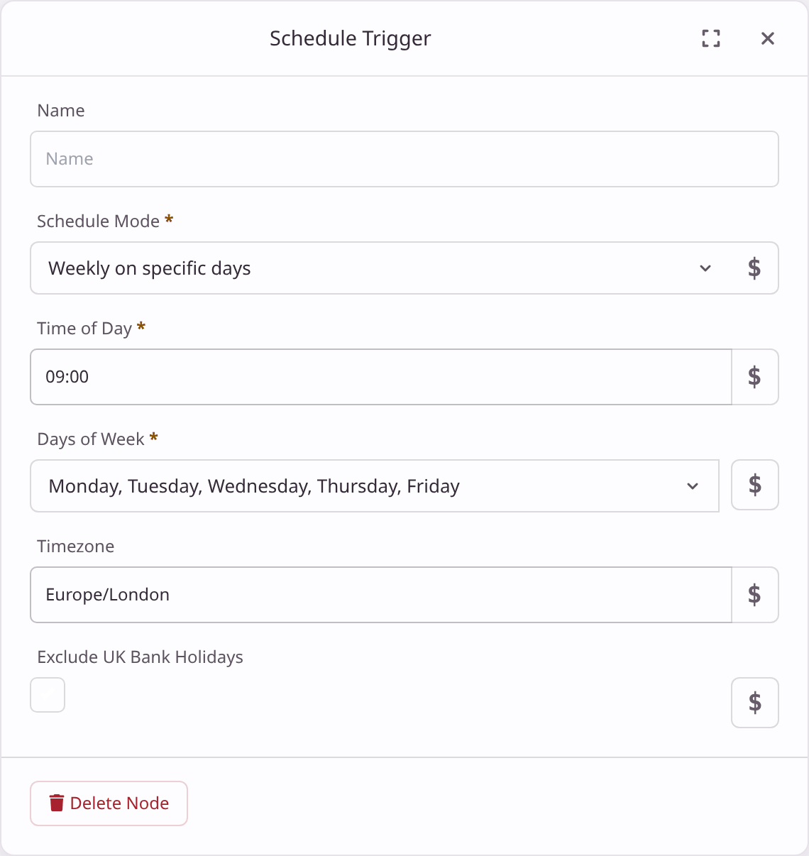 Schedule Trigger settings: Weekly on specific days, Time of Day 09:00, Monday to Friday, Timezone Europe/London, and Exclude UK Bank Holidays ticked.