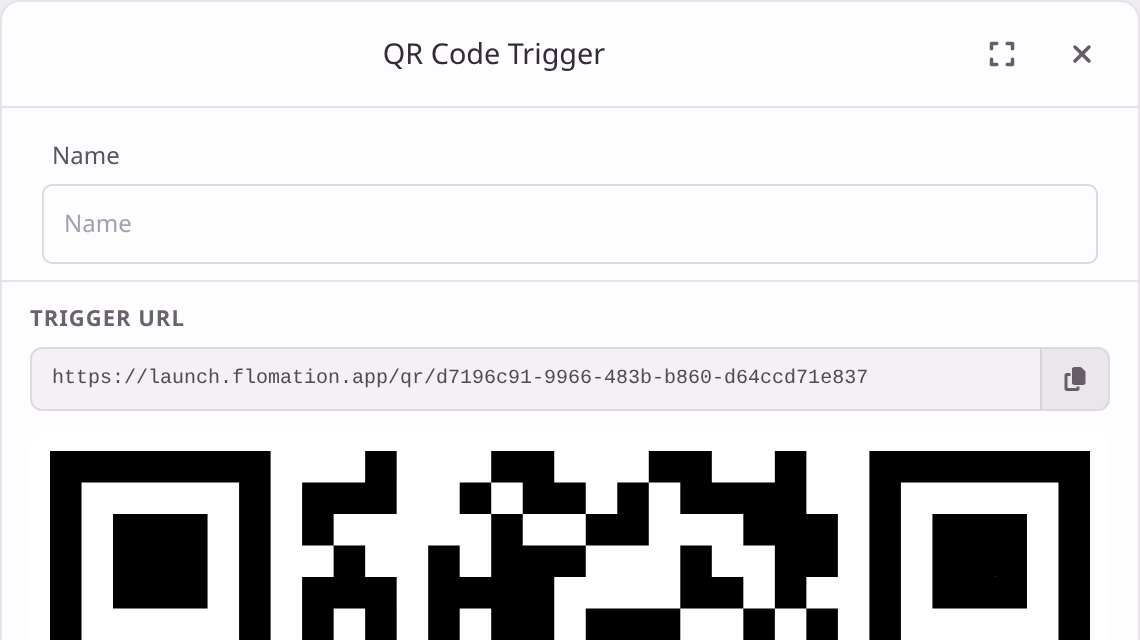 A QR Code Trigger's settings showing its Trigger URL and the top of the QR code.