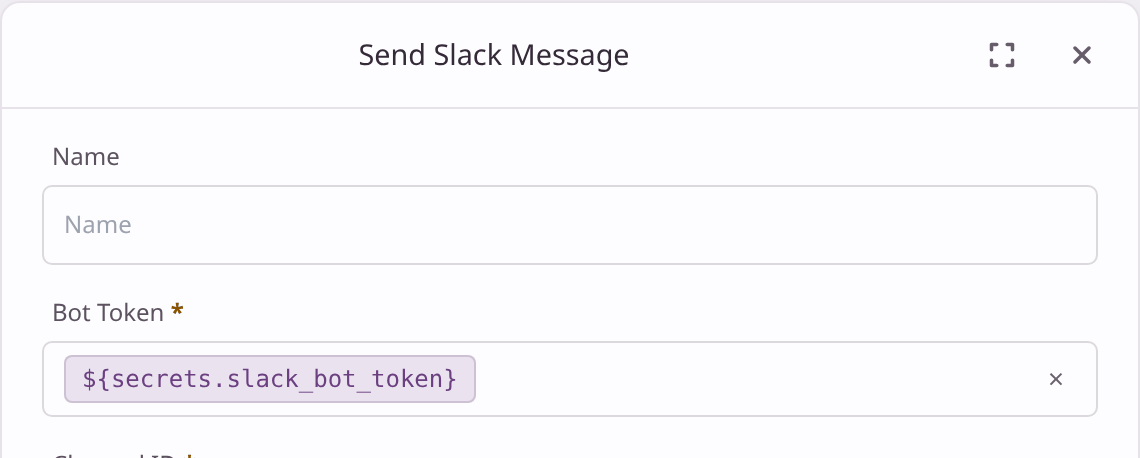 The Bot Token field now showing ${secrets.slack_bot_token}.