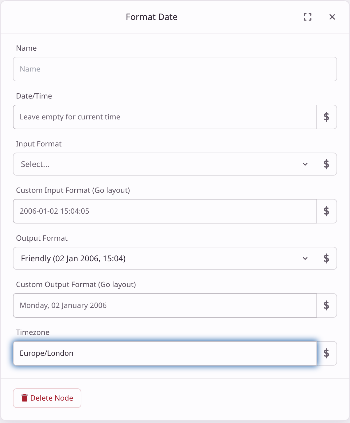 Format Date settings: Date/Time left empty, Output Format set to Friendly, and Timezone set to Europe/London.