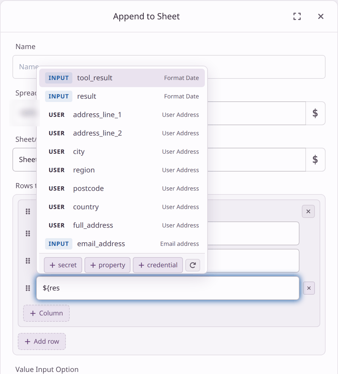 Typing ${res in a field of an Append to Sheet step shows a list: result from Format Date at the top, then user details and a form answer.