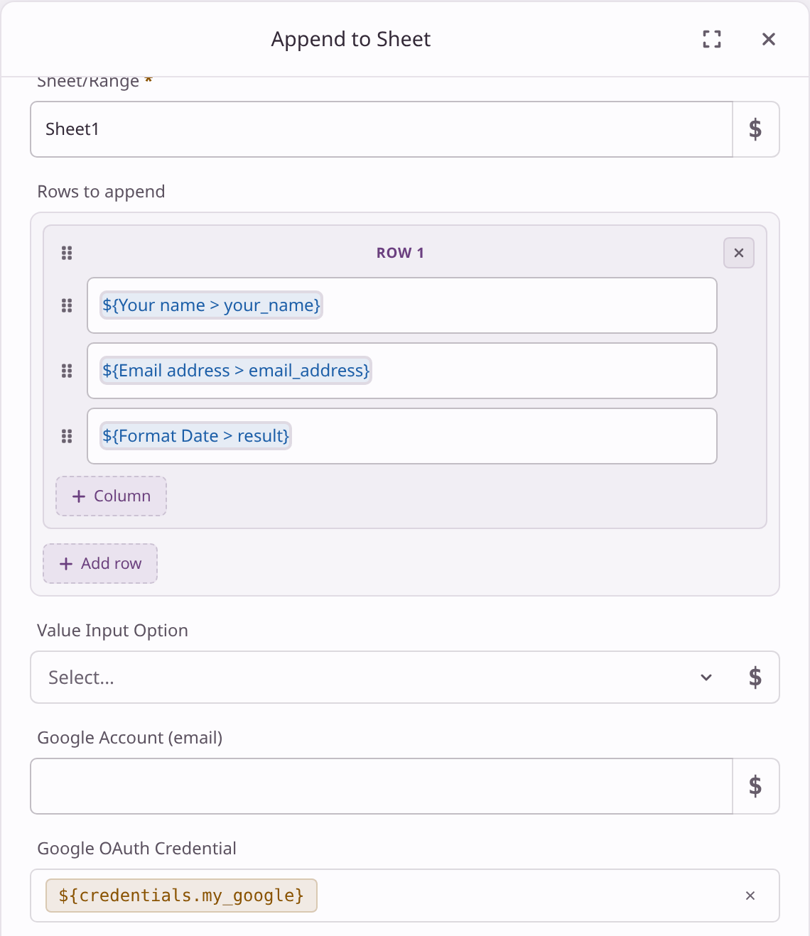 Append to Sheet settings with one row of three cells: your_name, email_address and Format Date's result.